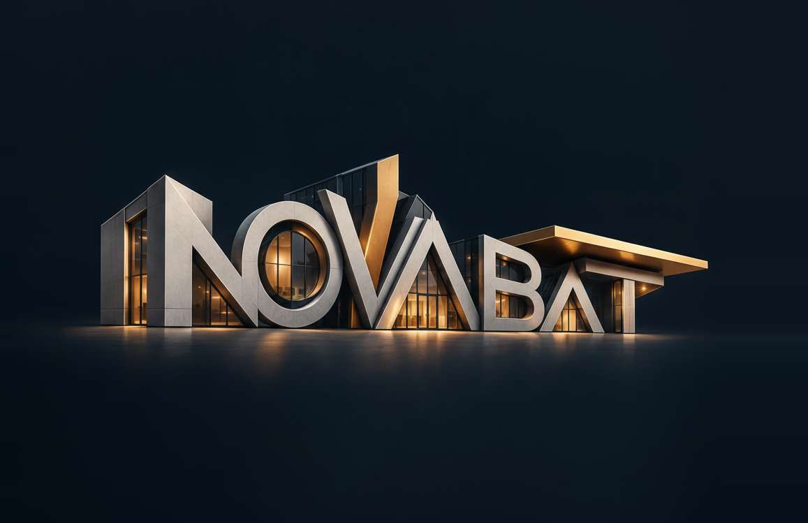 Les lettres NOVABAT construites comme un bâtiment : pierre claire, vitrages éclairés, V doré